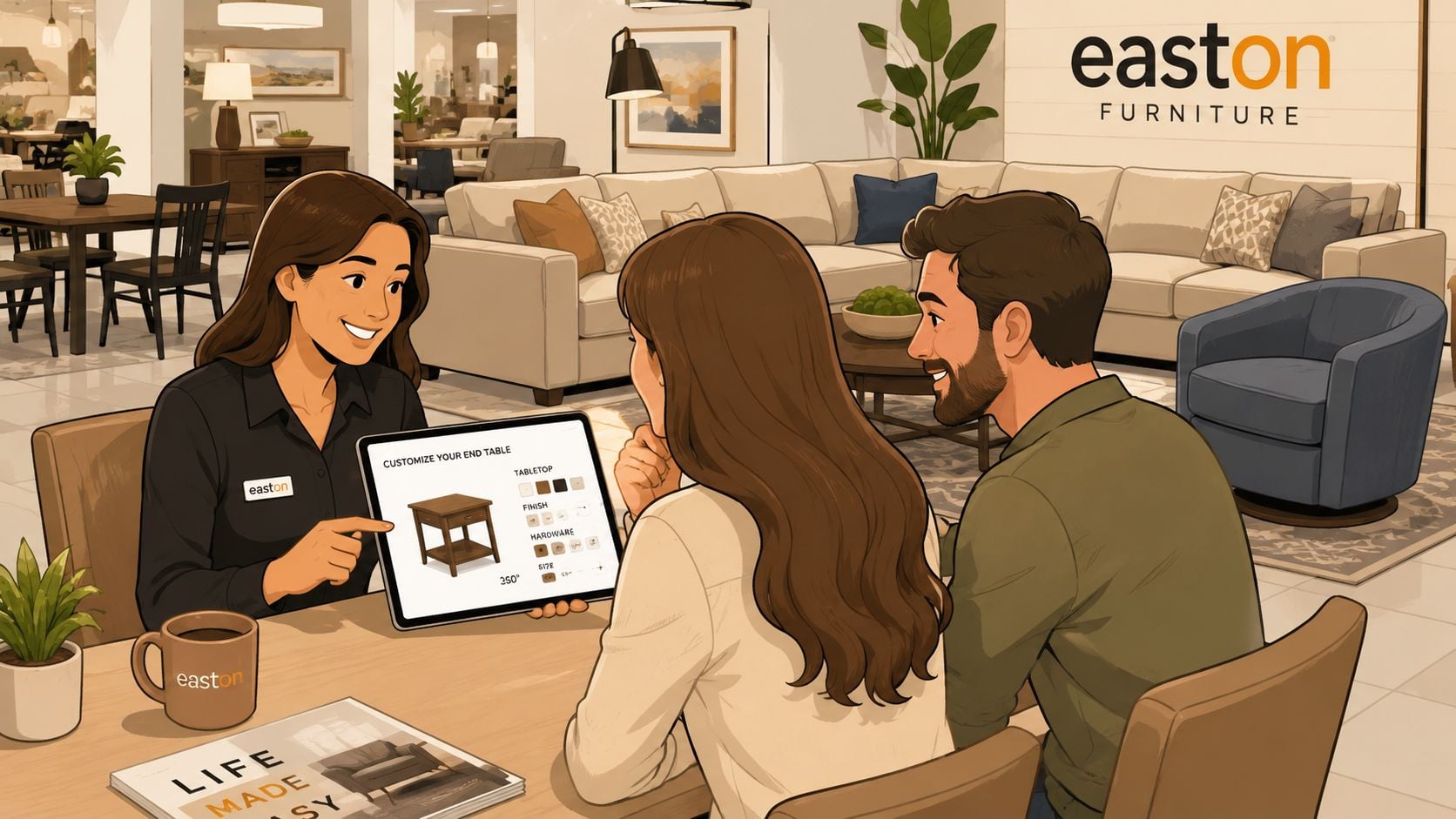 A friendly furniture store associate helps a couple customize an end table using a digital tablet.