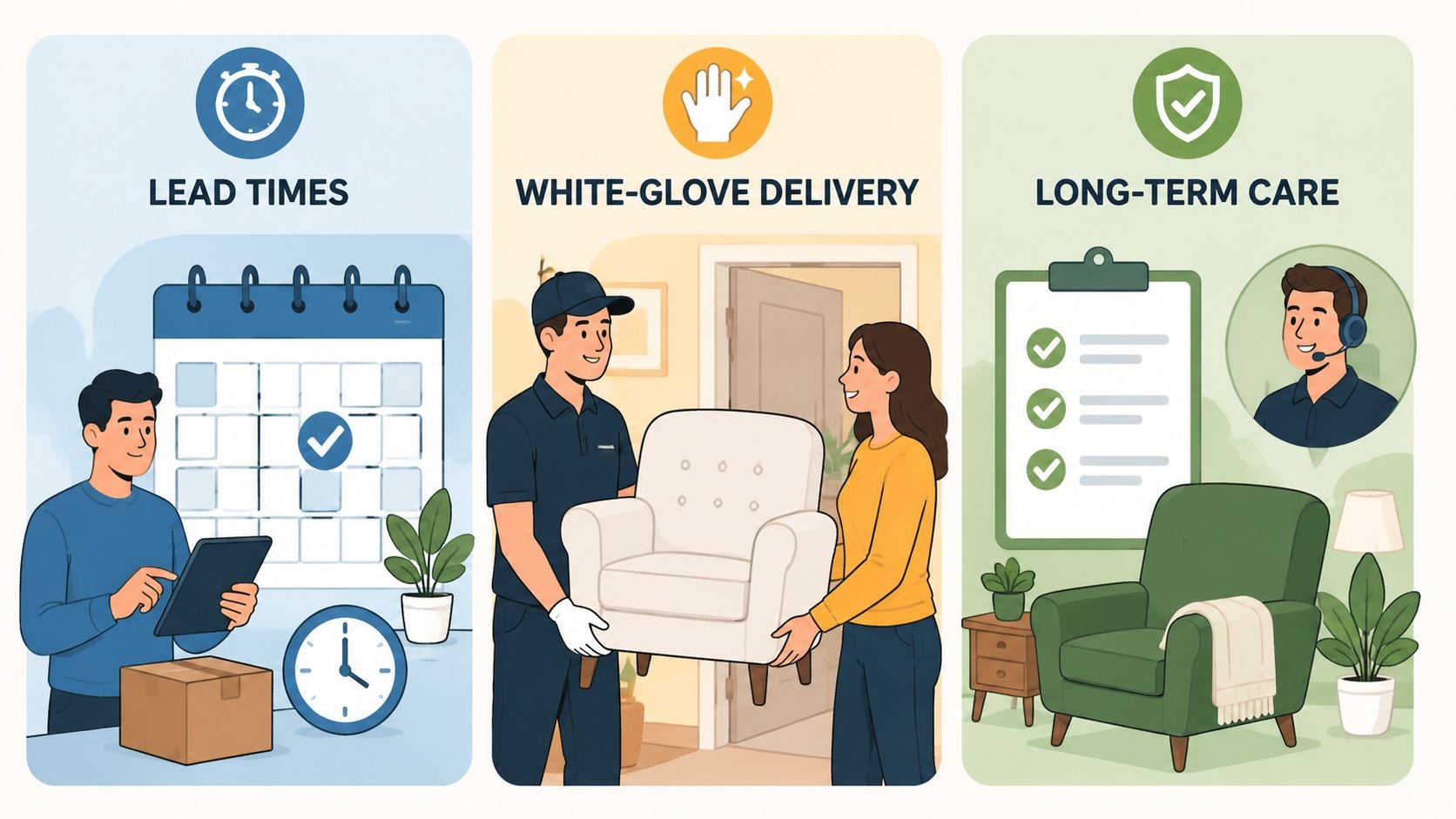 An illustration showing three service steps: lead times, white-glove delivery, and long-term care for furniture.