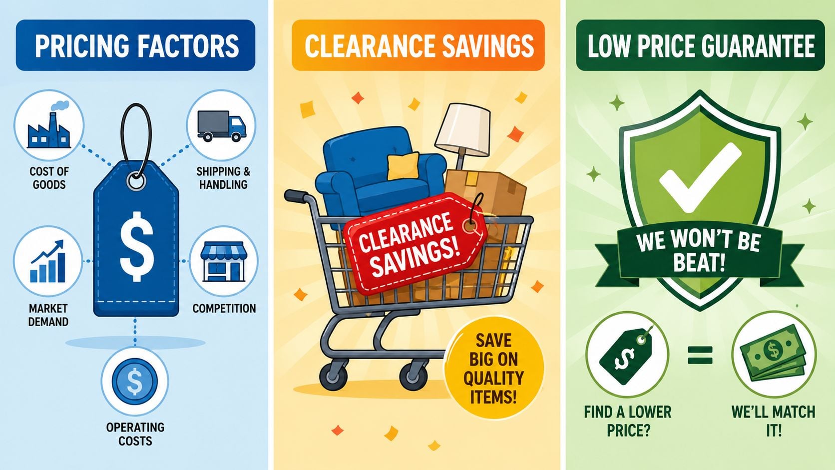 An infographic detailing pricing factors, clearance savings, and a low price guarantee policy for customers.