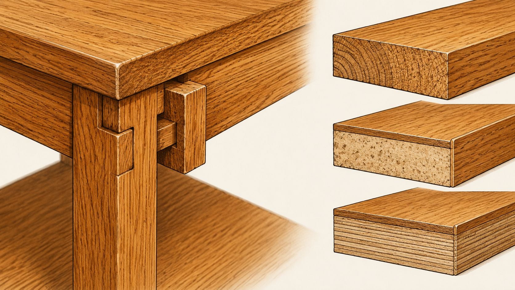 A detailed illustration comparing solid wood, particle board, and plywood construction methods for furniture manufacturing.