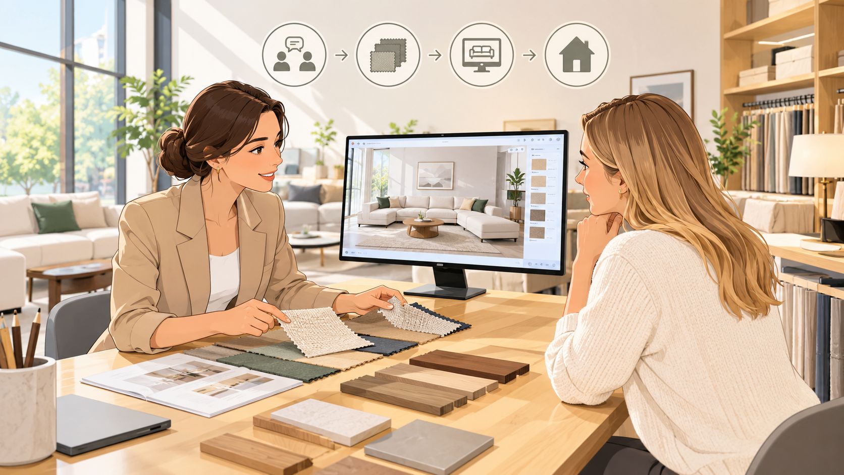 A professional interior designer consulting with a client over fabric swatches and a custom furniture design project.