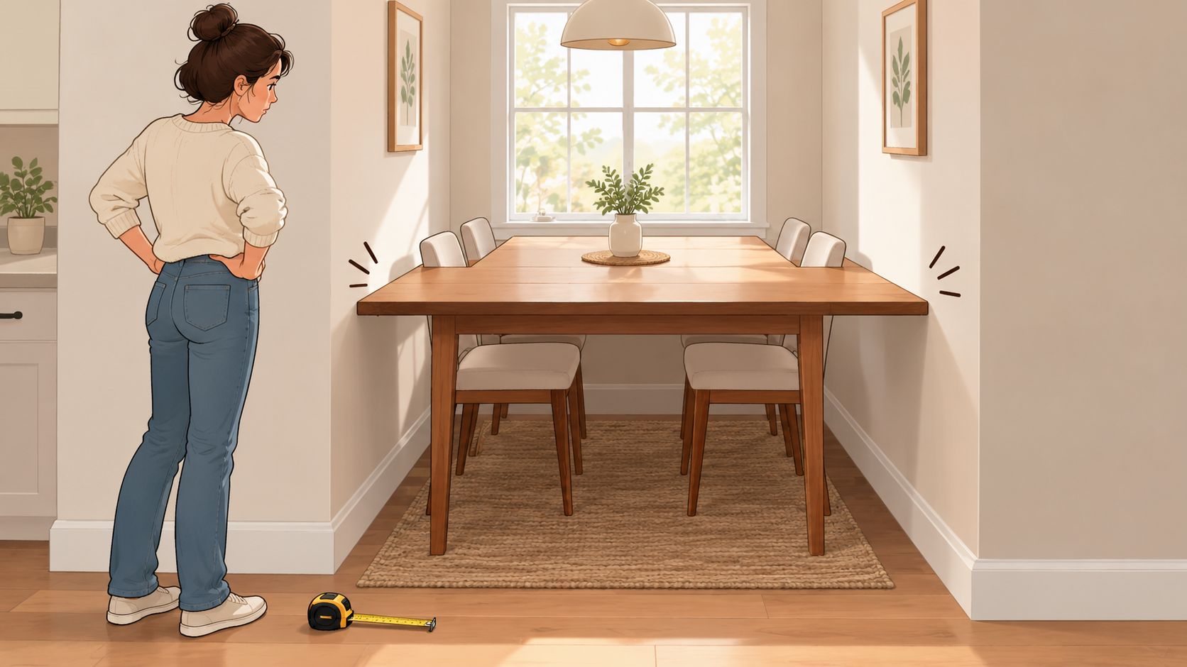 A young woman stands by a dining table measuring the space between two walls in her home.