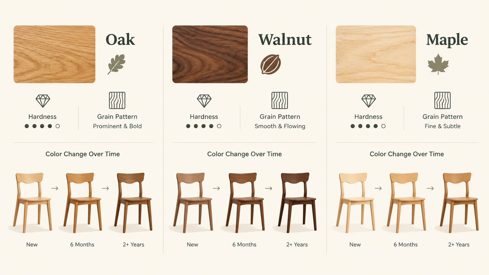 A comparison chart showing wood properties and color changes over time for Oak, Walnut, and Maple furniture.