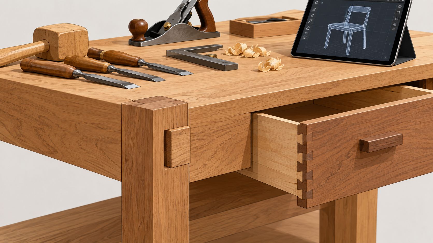 A wooden workbench displaying woodworking tools, shavings, and a tablet showing a 3D chair design model.