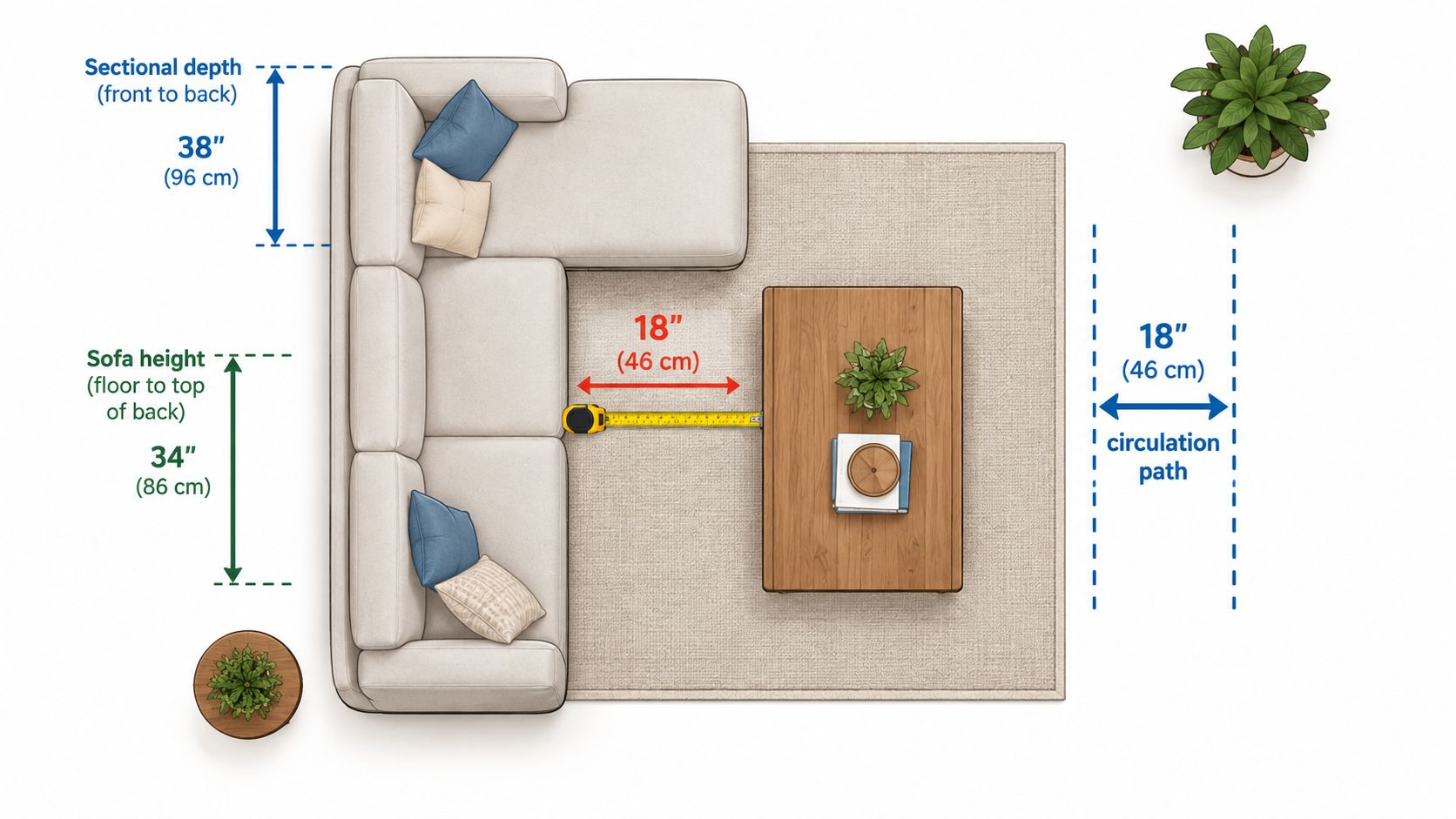 A top-down view showing interior design measurements for sofa depth, sofa height, coffee table spacing, and circulation paths.