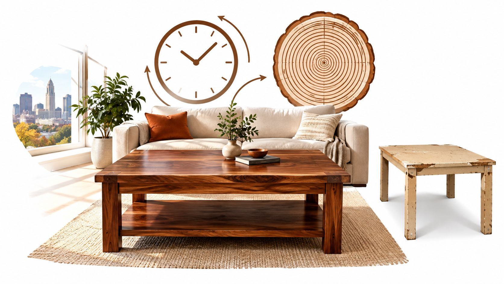 A custom solid wood coffee table sitting on a rug in a bright modern living room setting.
