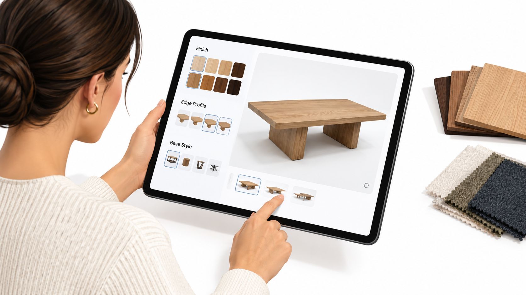 A woman using a tablet to customize a solid wood coffee table design for her living room interior.
