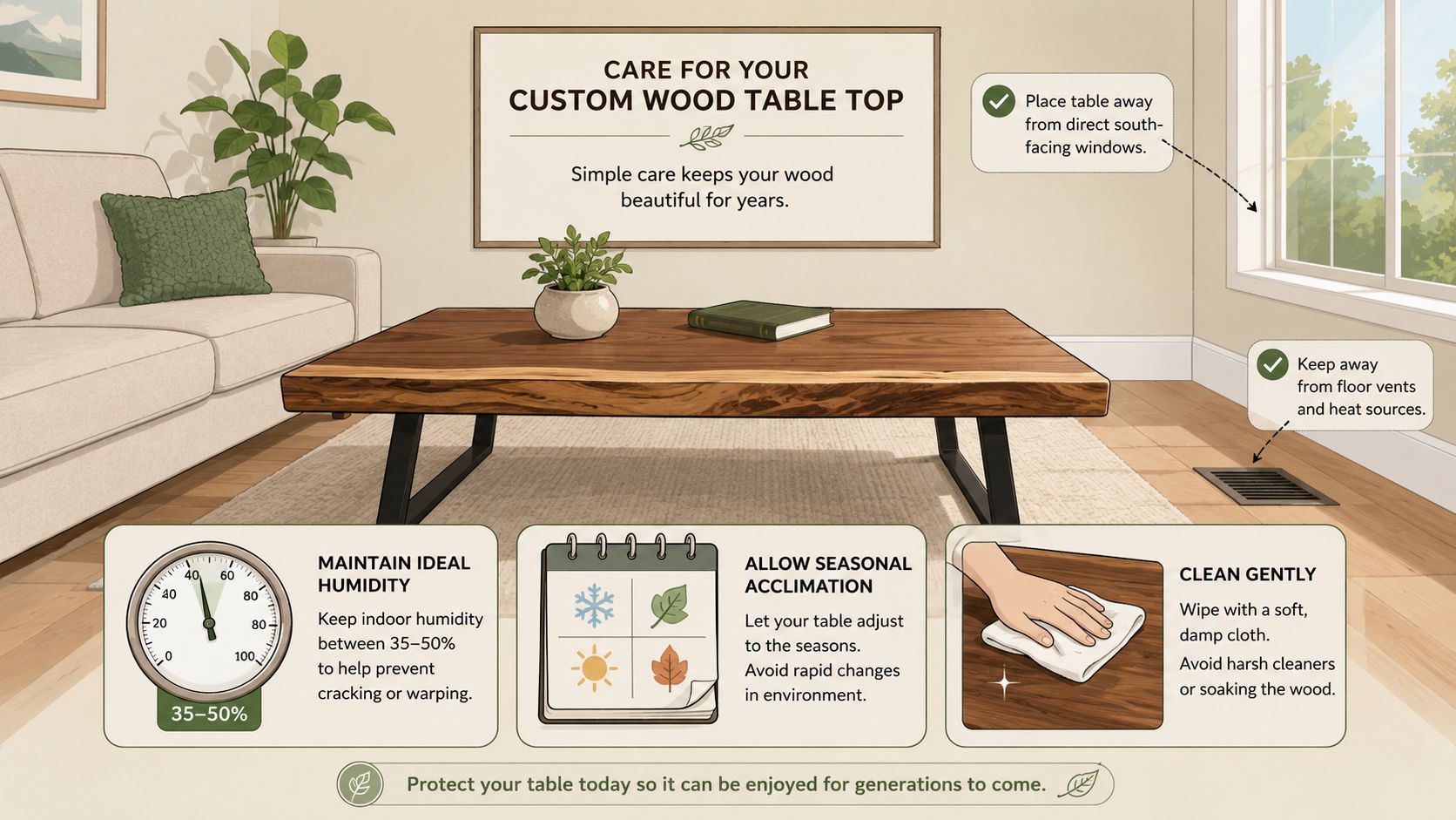 An infographic detailing essential care tips for maintaining a beautiful custom wood table top in a home.