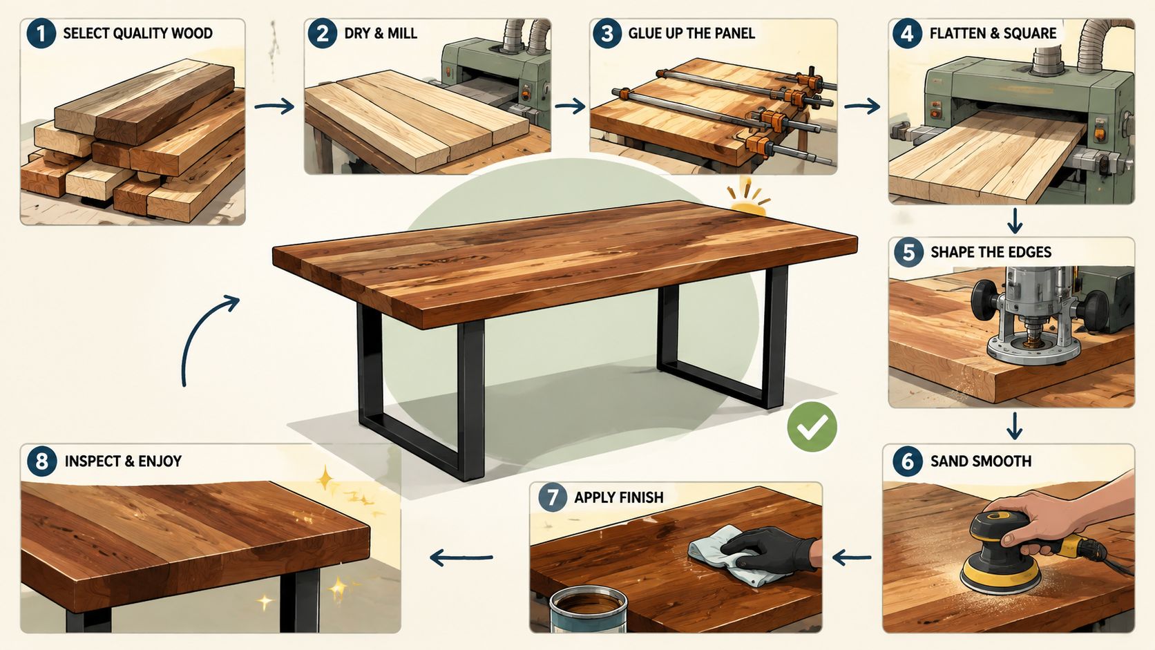 An infographic showing eight step-by-step woodworking stages to build a custom wooden dining table.