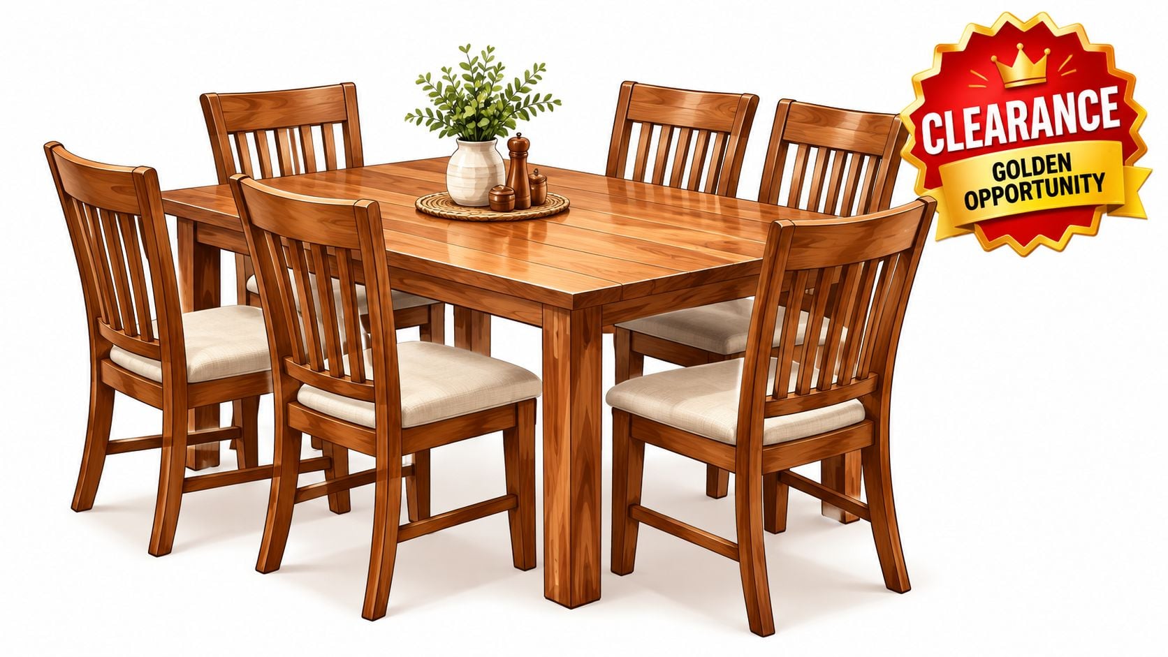 A wooden dining table with six chairs featuring cushioned seats, displayed on a white background.