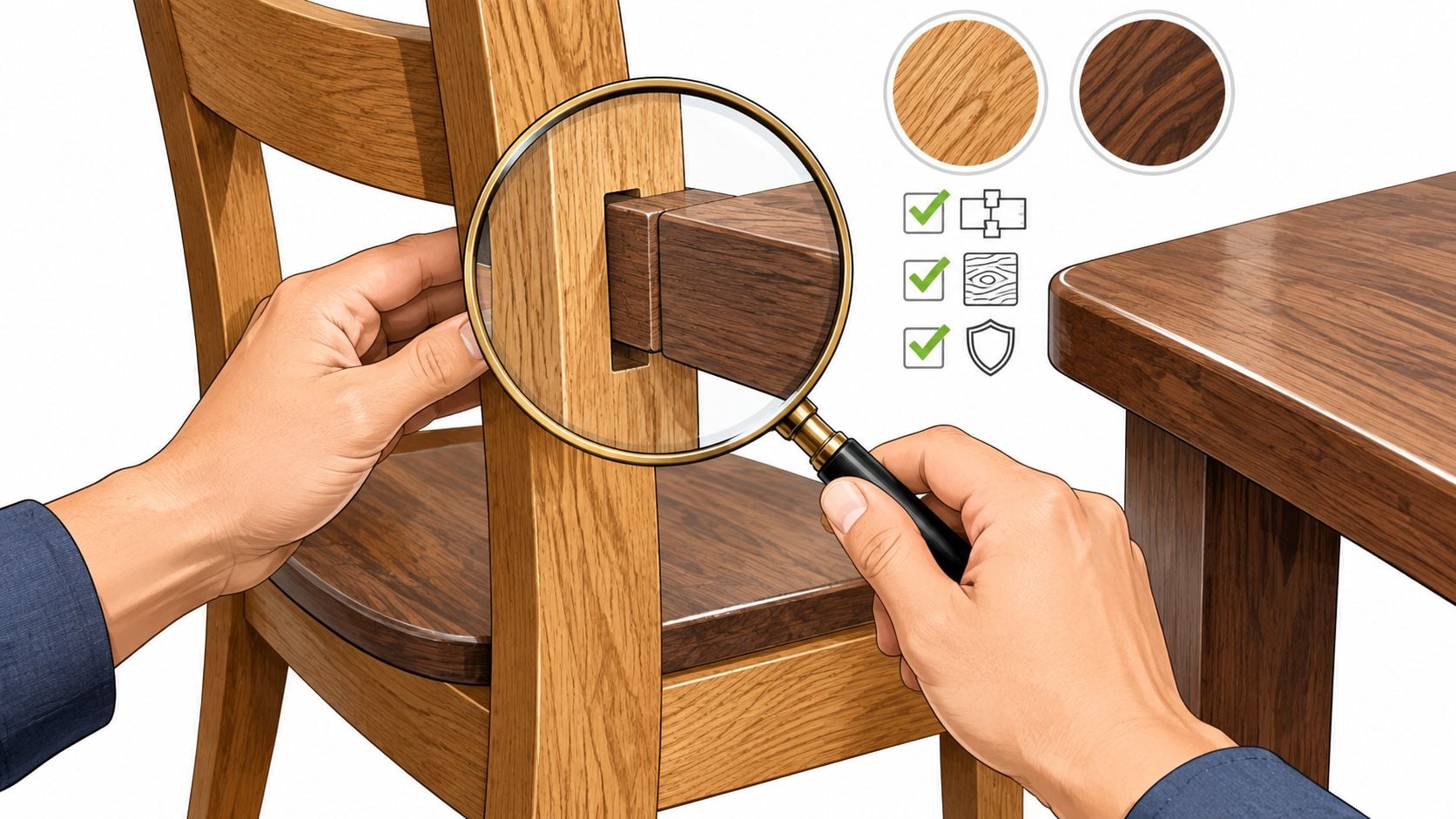 A close-up illustration showing a person inspecting wooden chair joints with a magnifying glass.