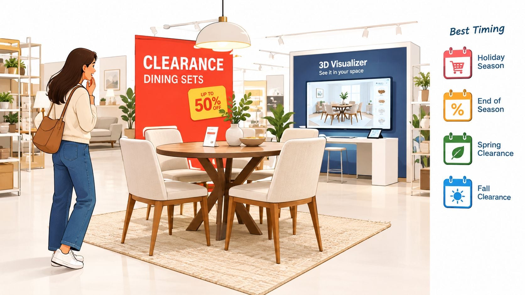 A woman shopping for furniture in a showroom featuring a 3D visualizer for dining room sets.