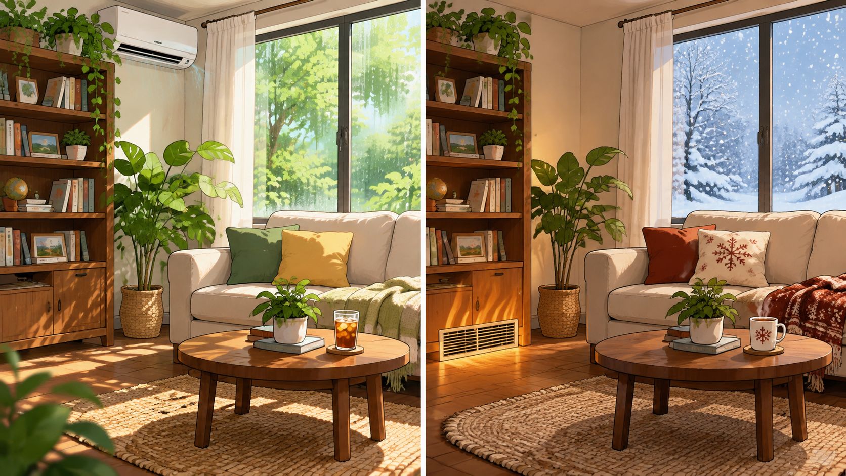 A split image showing a living room transitioning between summer with an air conditioner and winter with heating.