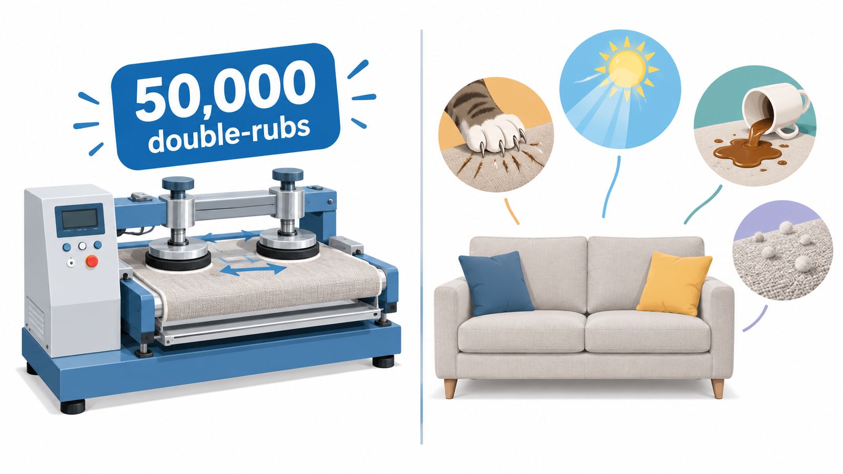 A diagram demonstrating furniture fabric durability testing with a rub-test machine and common wear-and-tear icons.