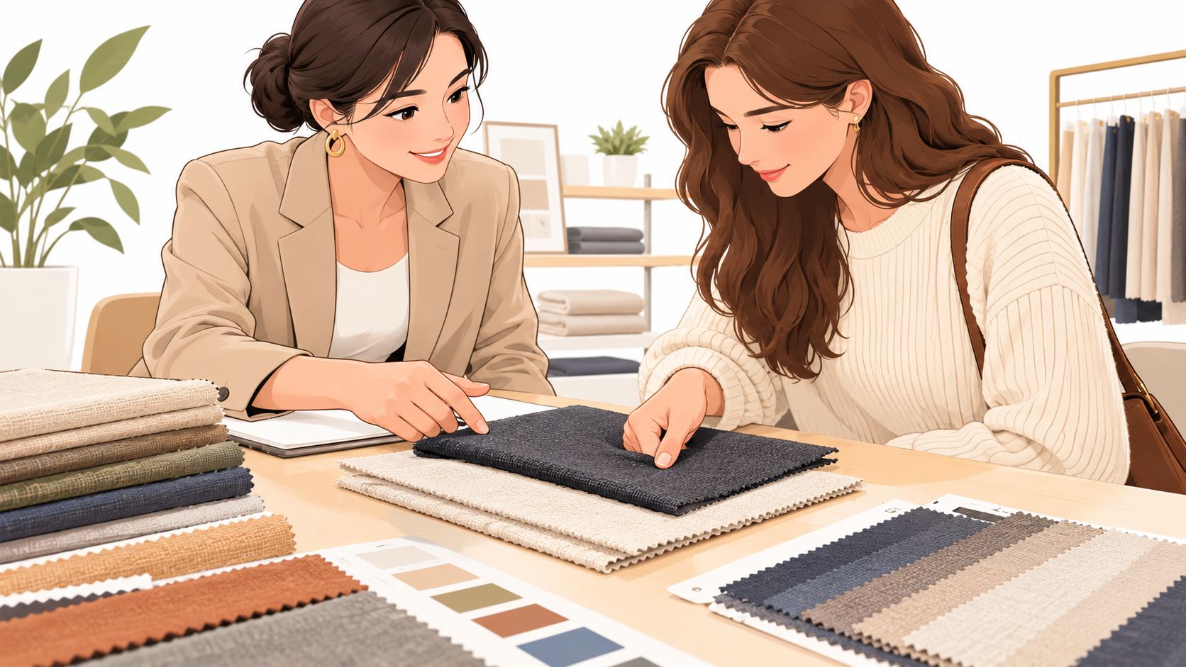 A professional interior designer assisting a customer with selecting high-quality fabric samples for furniture upholstery projects.