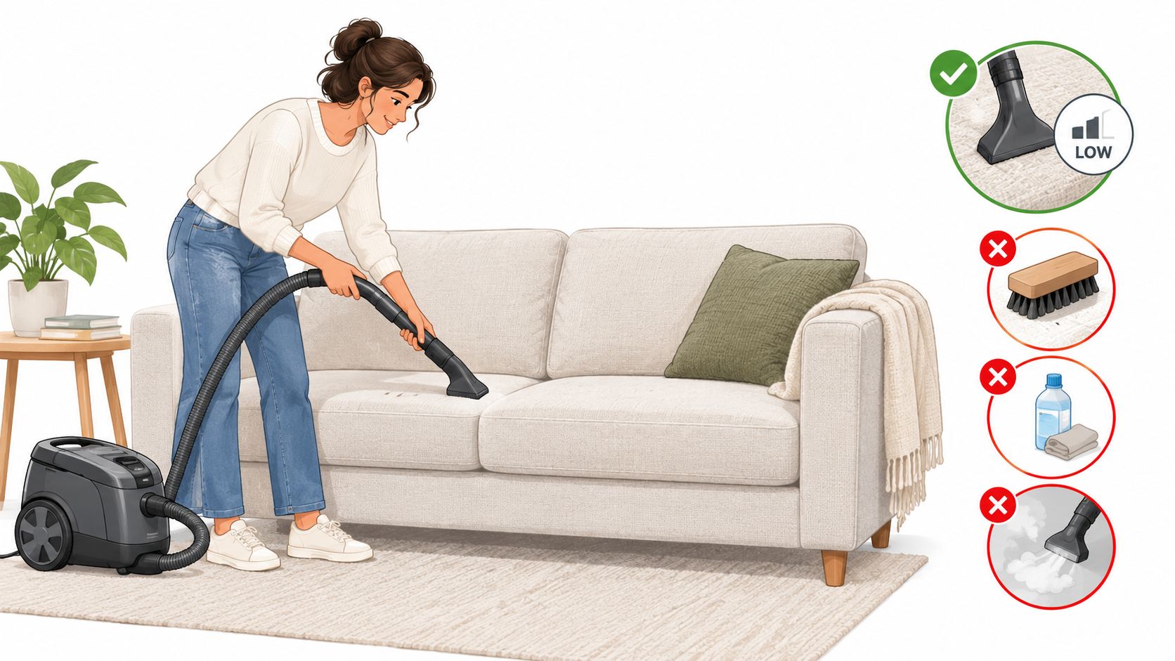 A woman vacuuming a light-colored fabric sofa using the low-power setting with forbidden cleaning methods shown.
