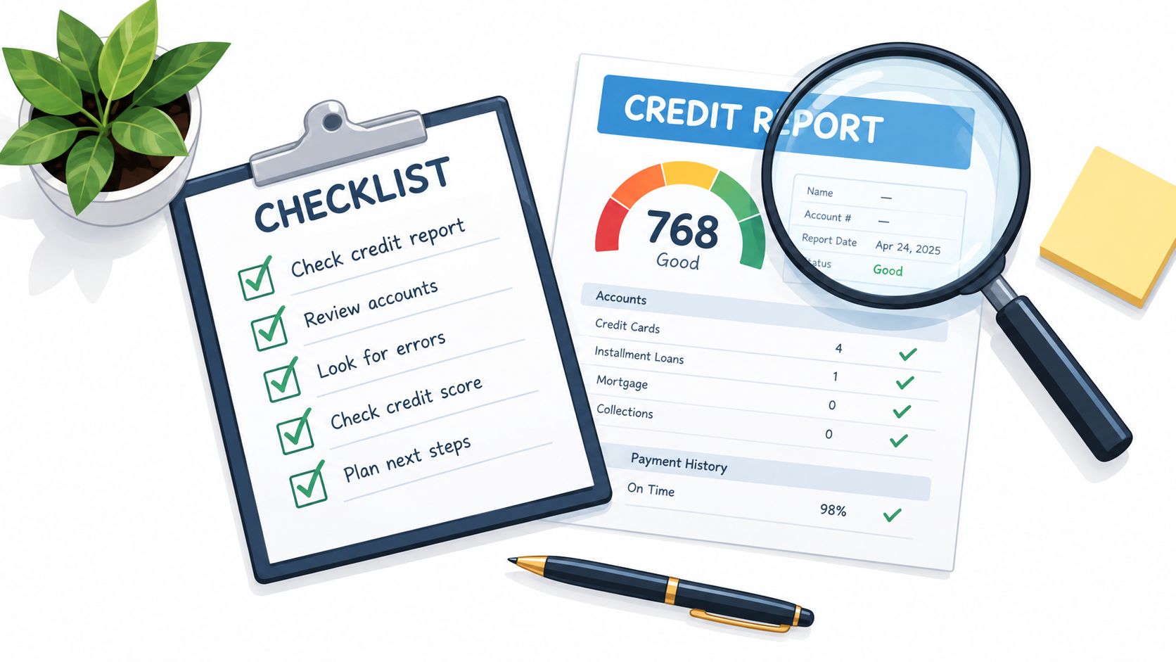 A clipboard with a credit checklist, a credit report with a 768 score, and a magnifying glass.