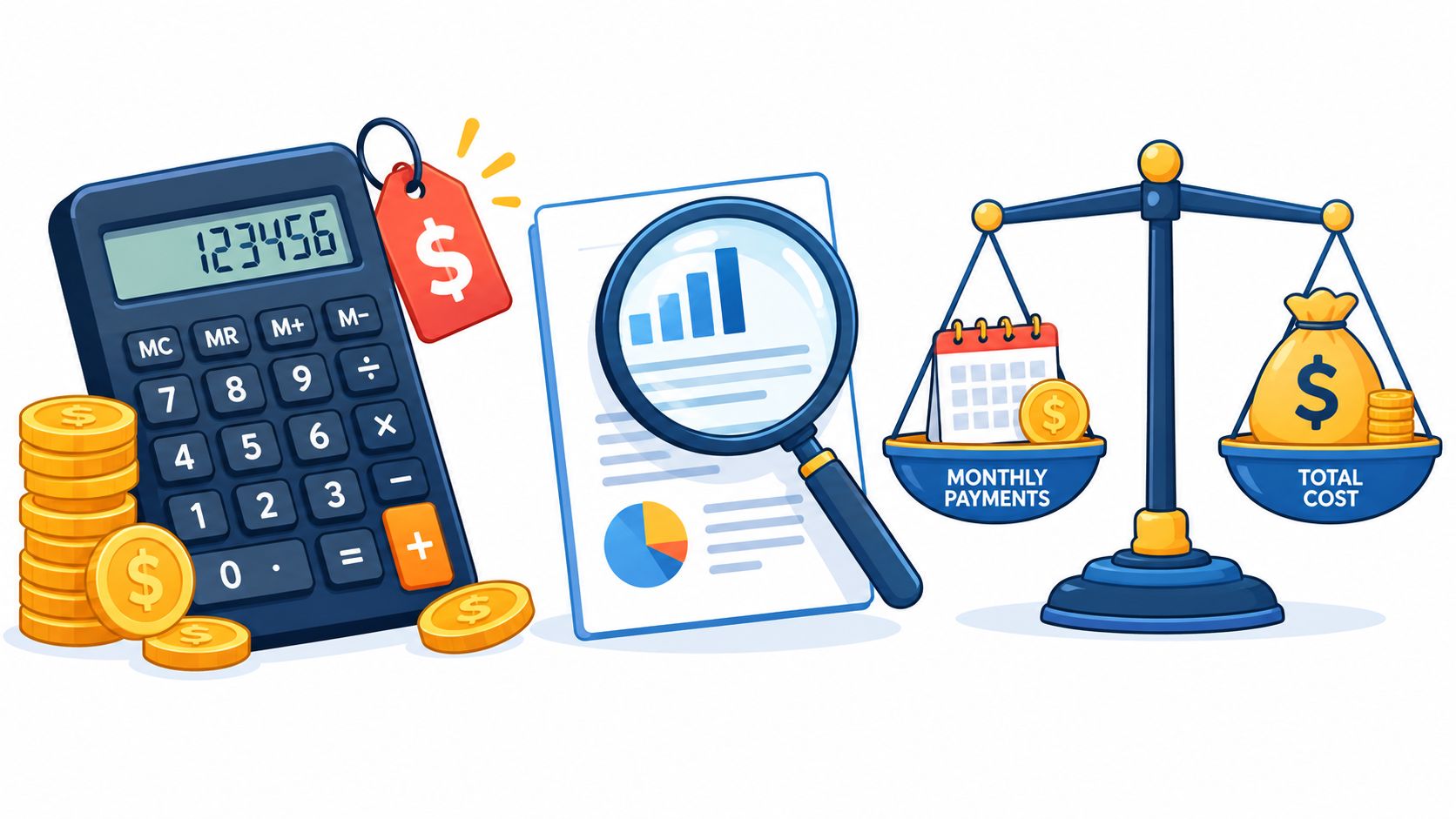 A calculator, magnifying glass, and financial scale illustrating concepts of monthly payments versus total costs.