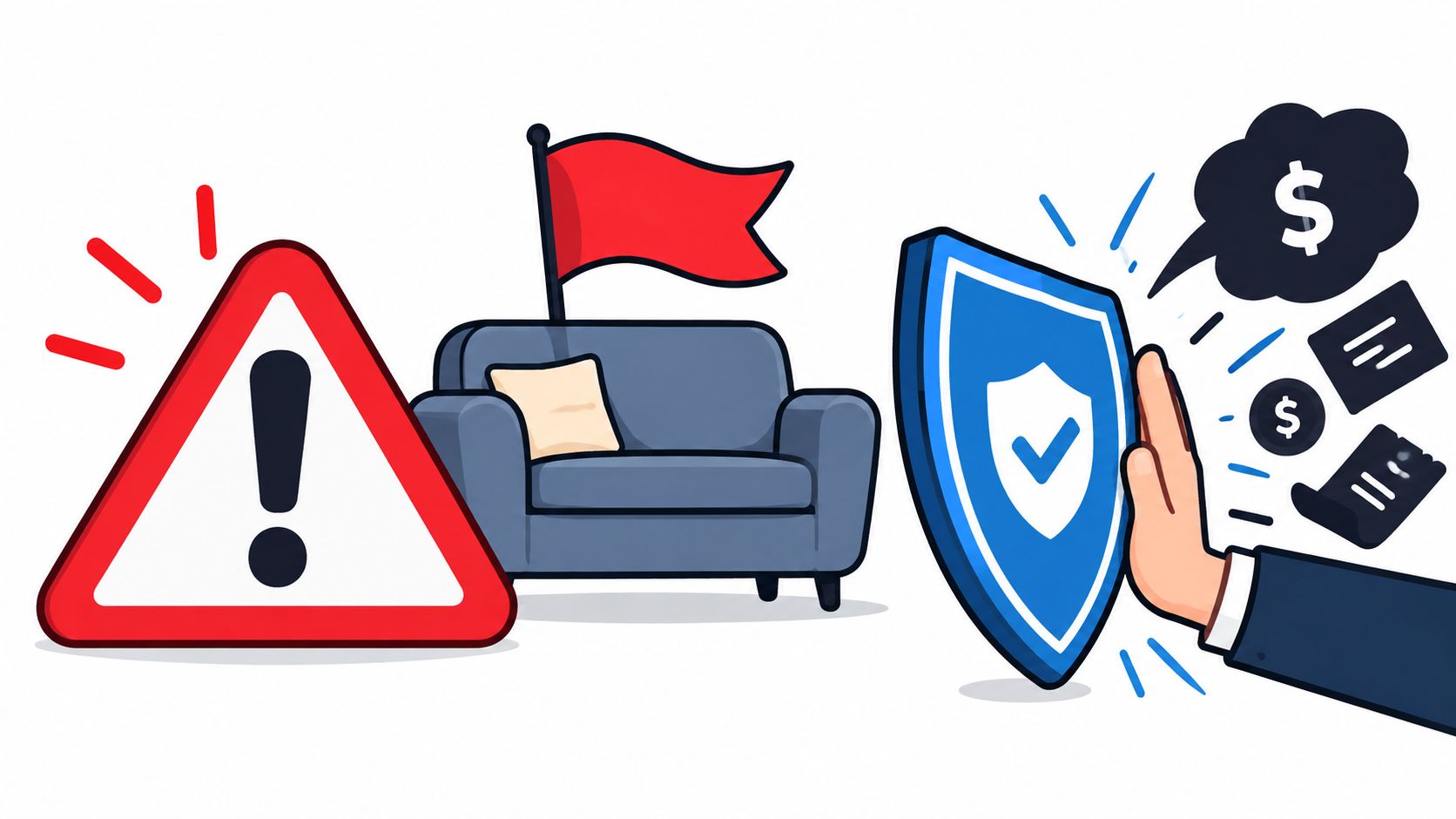 A warning sign, a couch with a red flag, and a hand protecting assets from financial symbols.