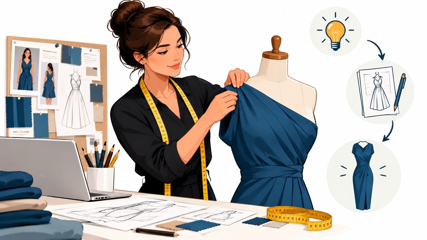 A fashion designer skillfully working on a blue dress draped over a mannequin in her studio