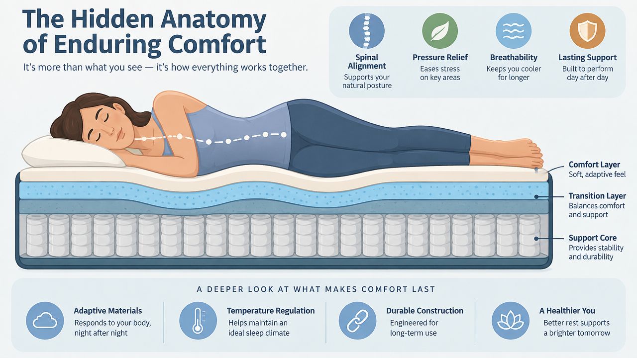 A diagram demonstrating the layers of a mattress and the benefits of proper spinal alignment during sleep.
