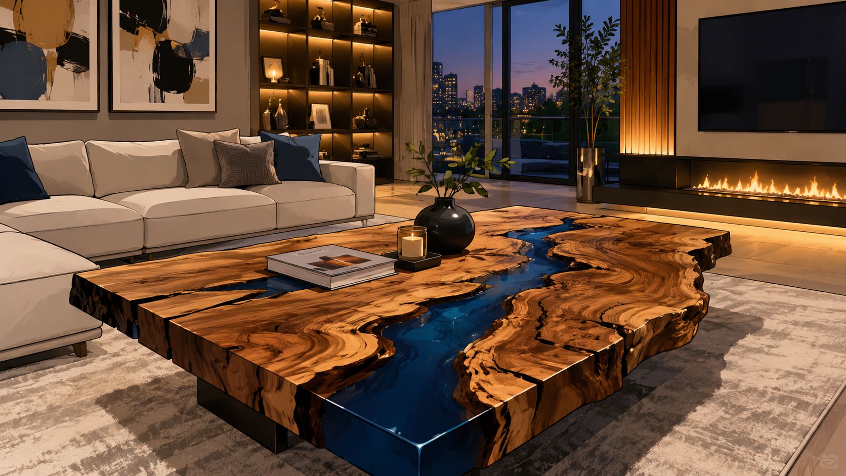 A luxurious modern living room featuring a live edge slab coffee table with a blue resin river.