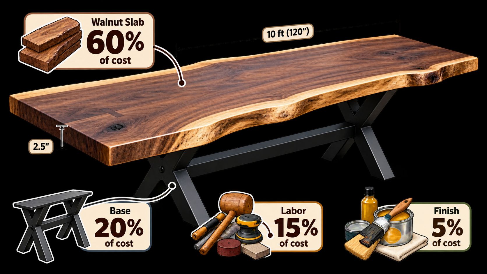 A detailed infographic showing the cost breakdown components of a custom live edge walnut dining table.