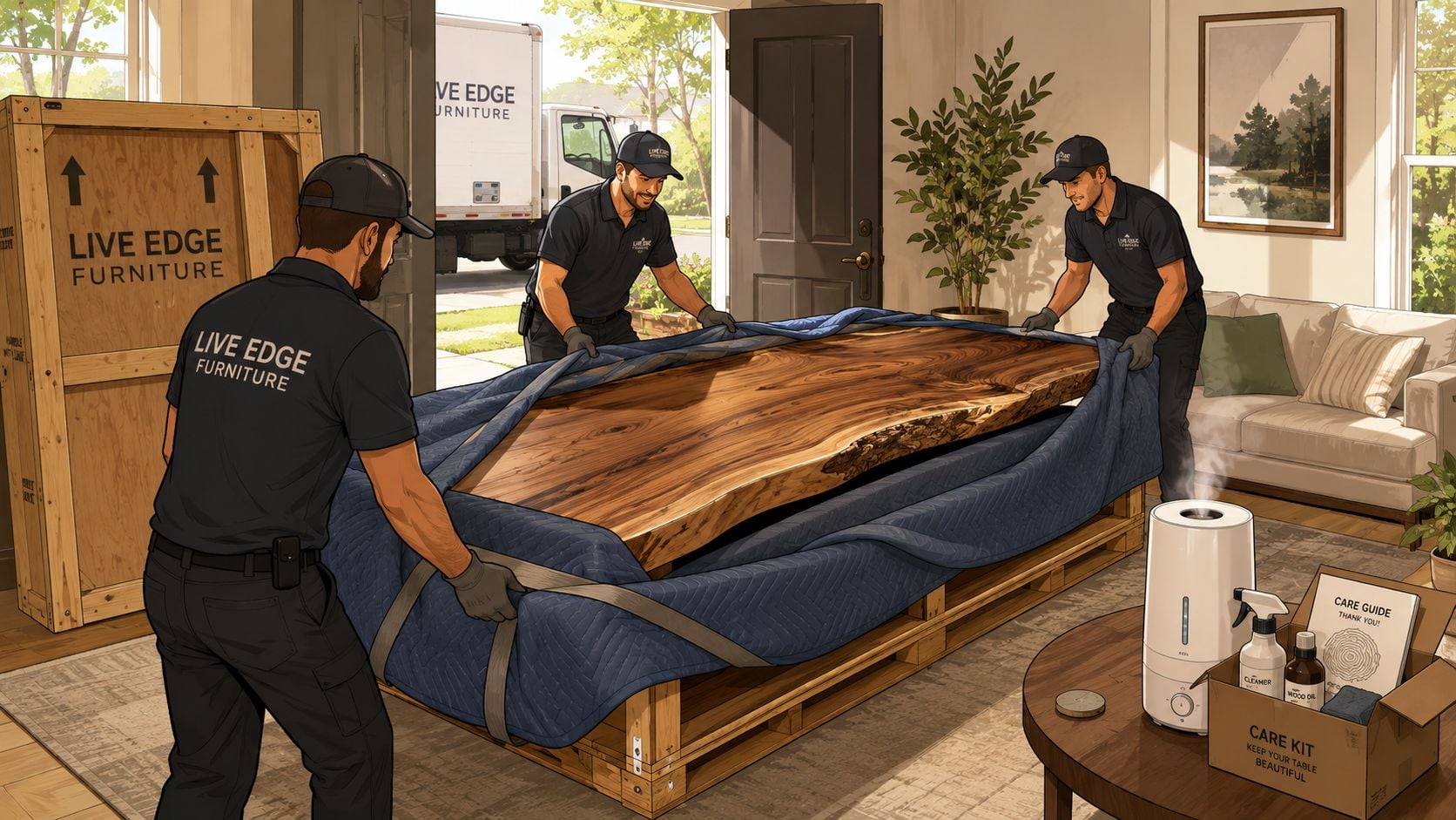 Professional movers in branded uniforms delivering a large live edge wooden slab table to a modern home.