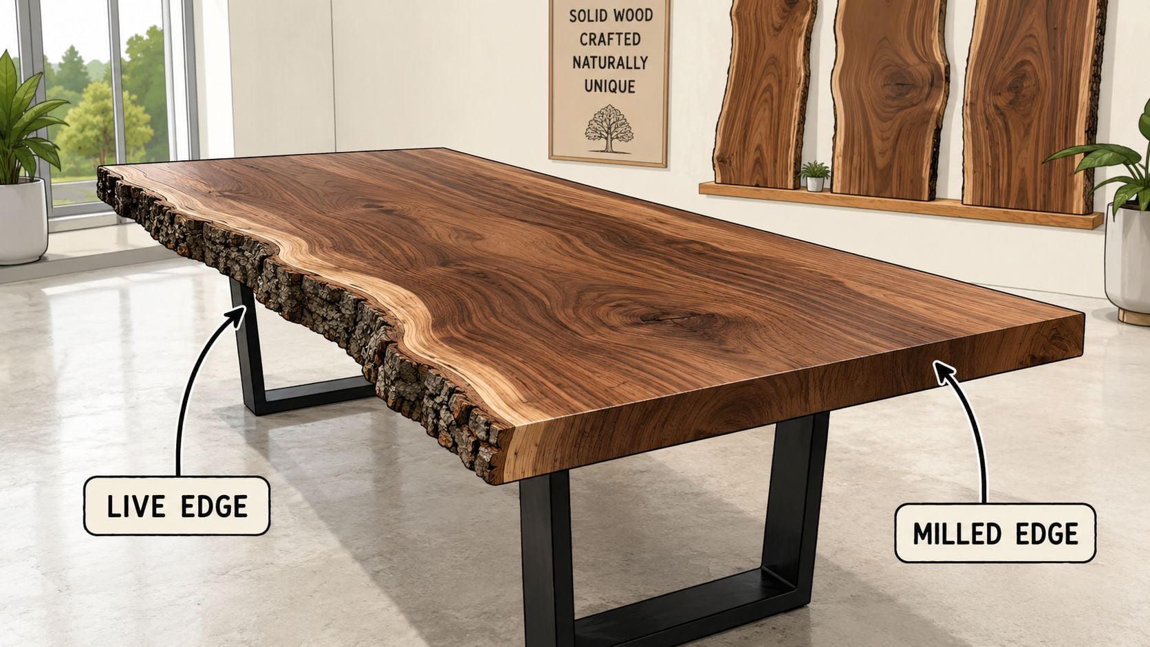 A wooden table demonstrating the aesthetic difference between a natural live edge and a smooth milled edge.