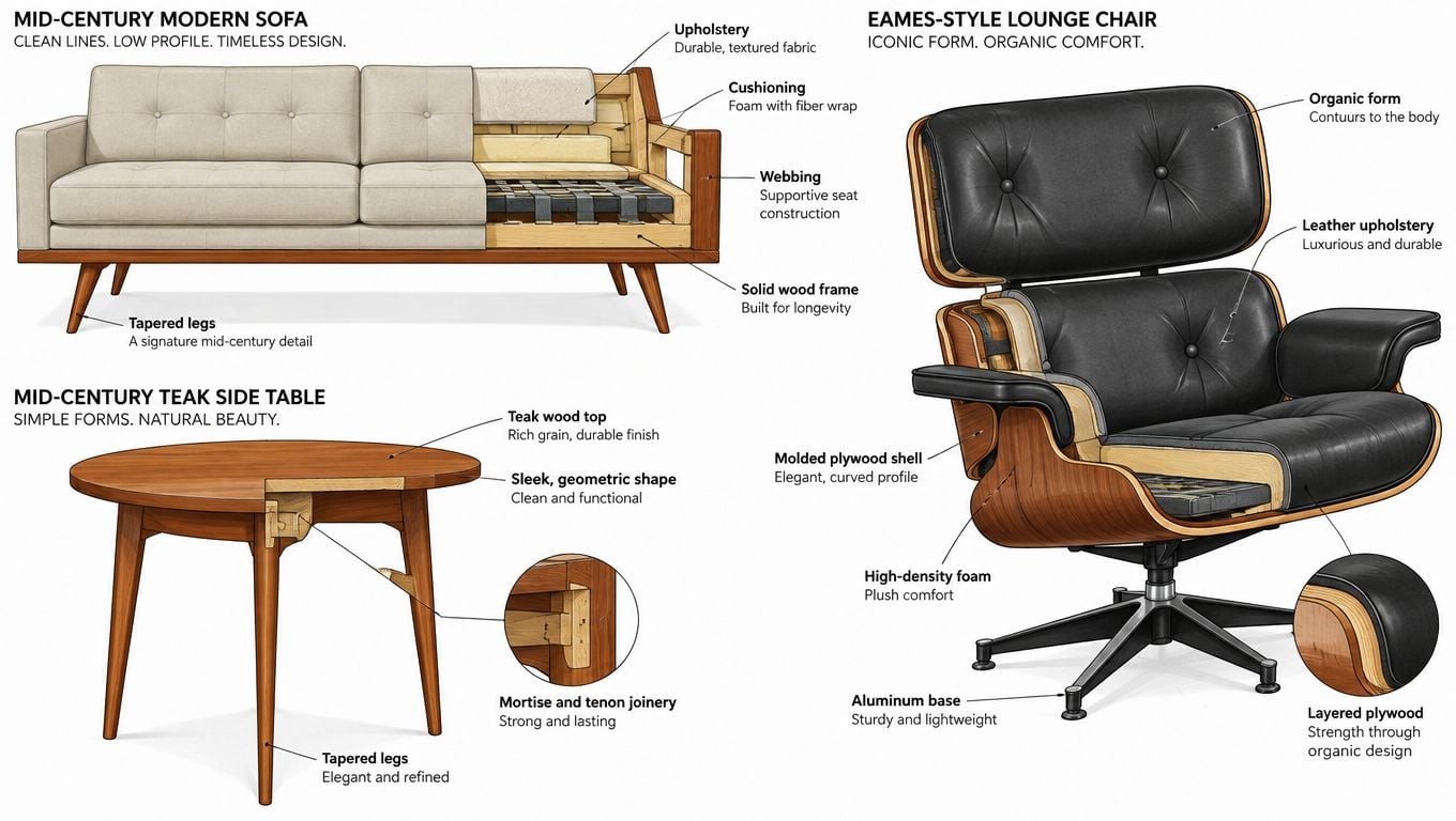 An infographic diagram illustrating the structural components and design features of mid-century modern sofa, chair, and table.