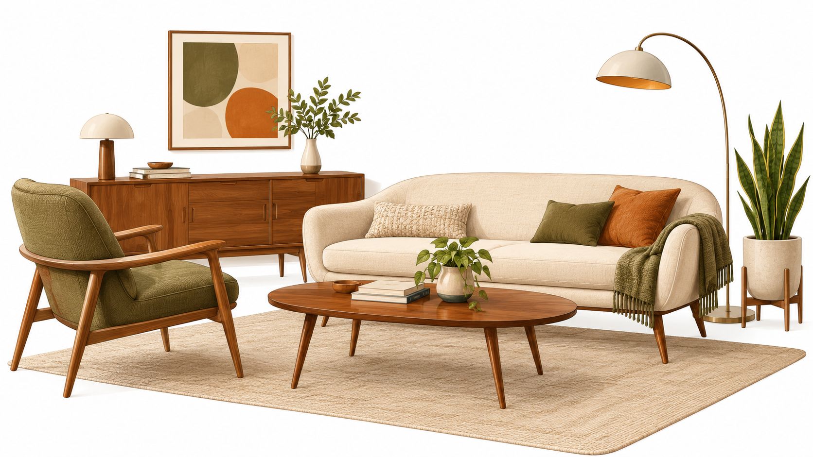 A mid-century modern living room set featuring a cream sofa, olive chair, wooden coffee table, and decor.