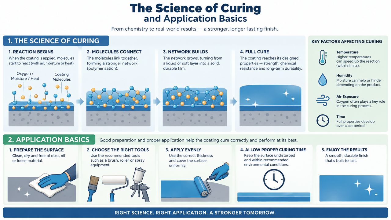 An infographic titled The Science of Curing and Application Basics explaining how coating finishes solidify and cure.