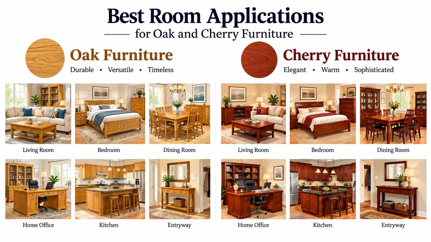 A comparison chart showing the best room applications for furniture made from oak versus cherry wood.