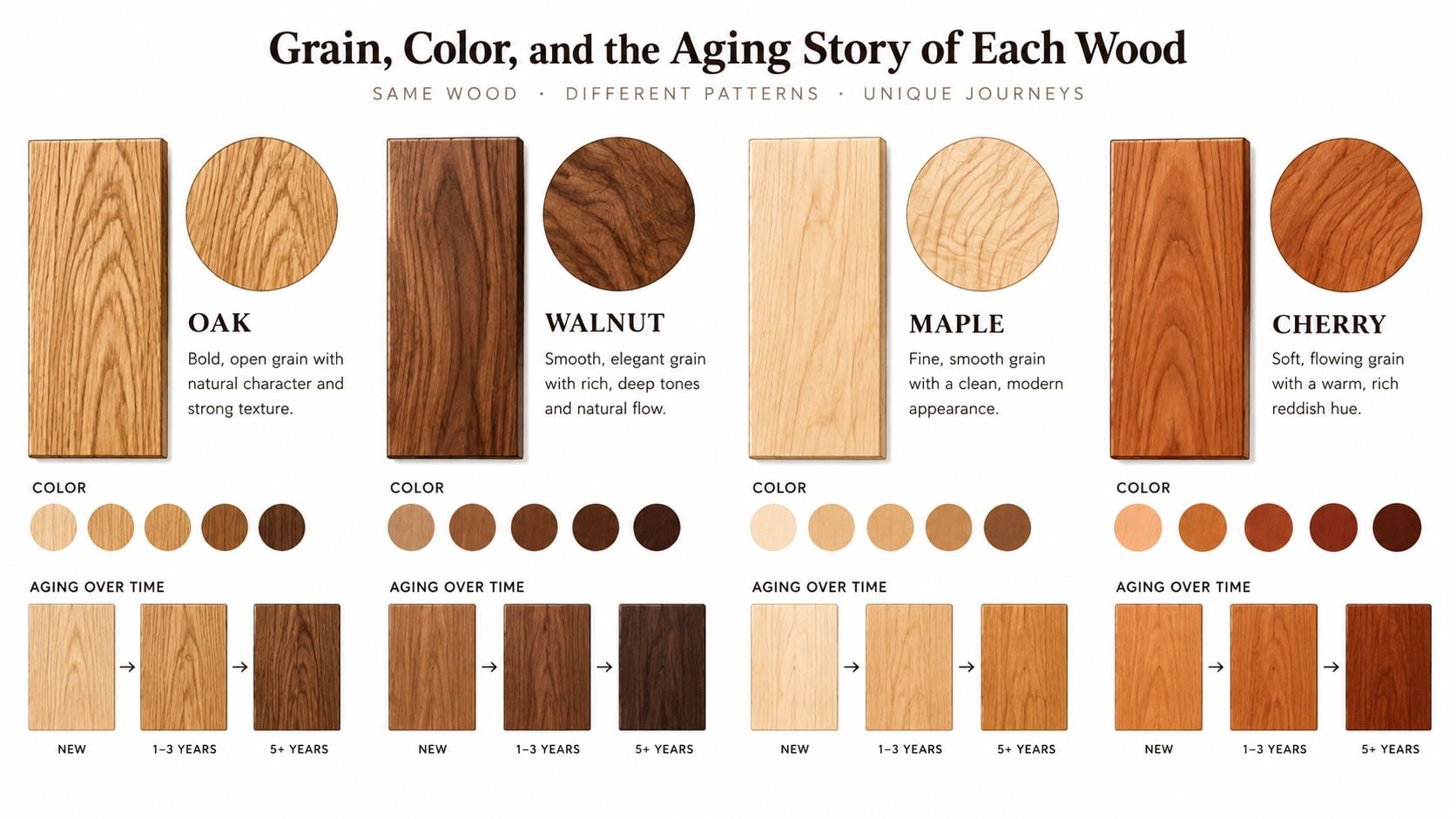 An educational infographic comparing grain patterns, colors, and aging processes of oak, walnut, maple, and cherry woods.