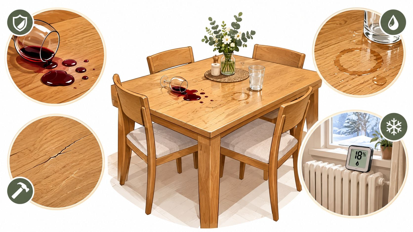 A wooden dining table shown with protective benefits, water resistance, durability against damage, and humidity control features.