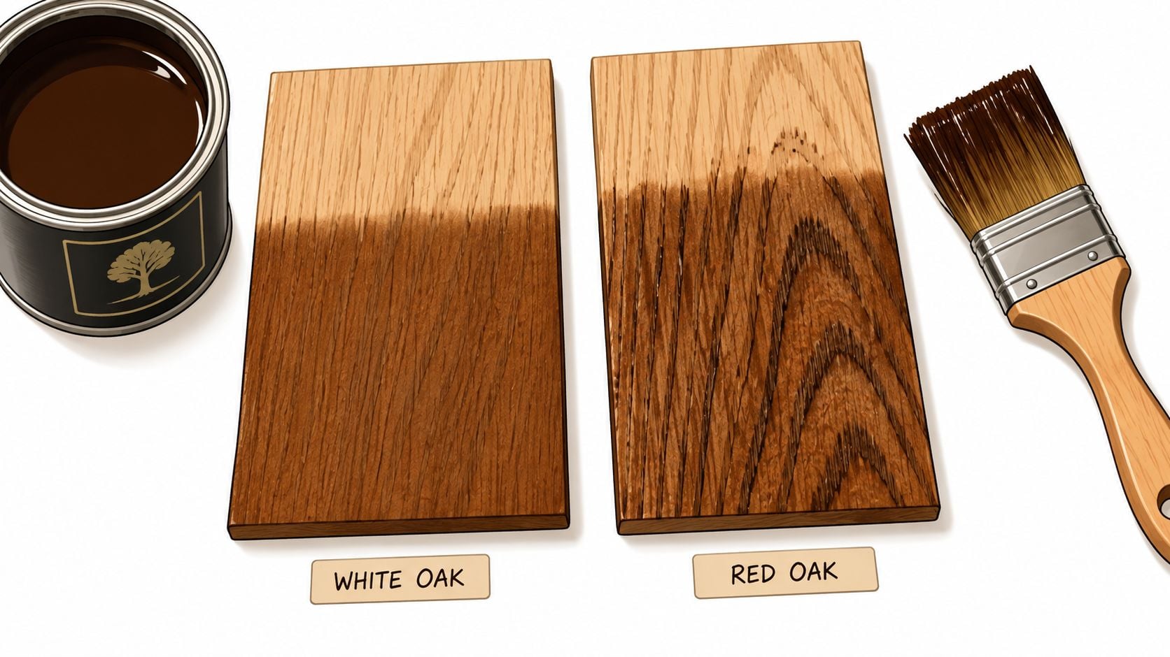 A side-by-side comparison of white oak and red oak wood boards with a wood stain can and brush.
