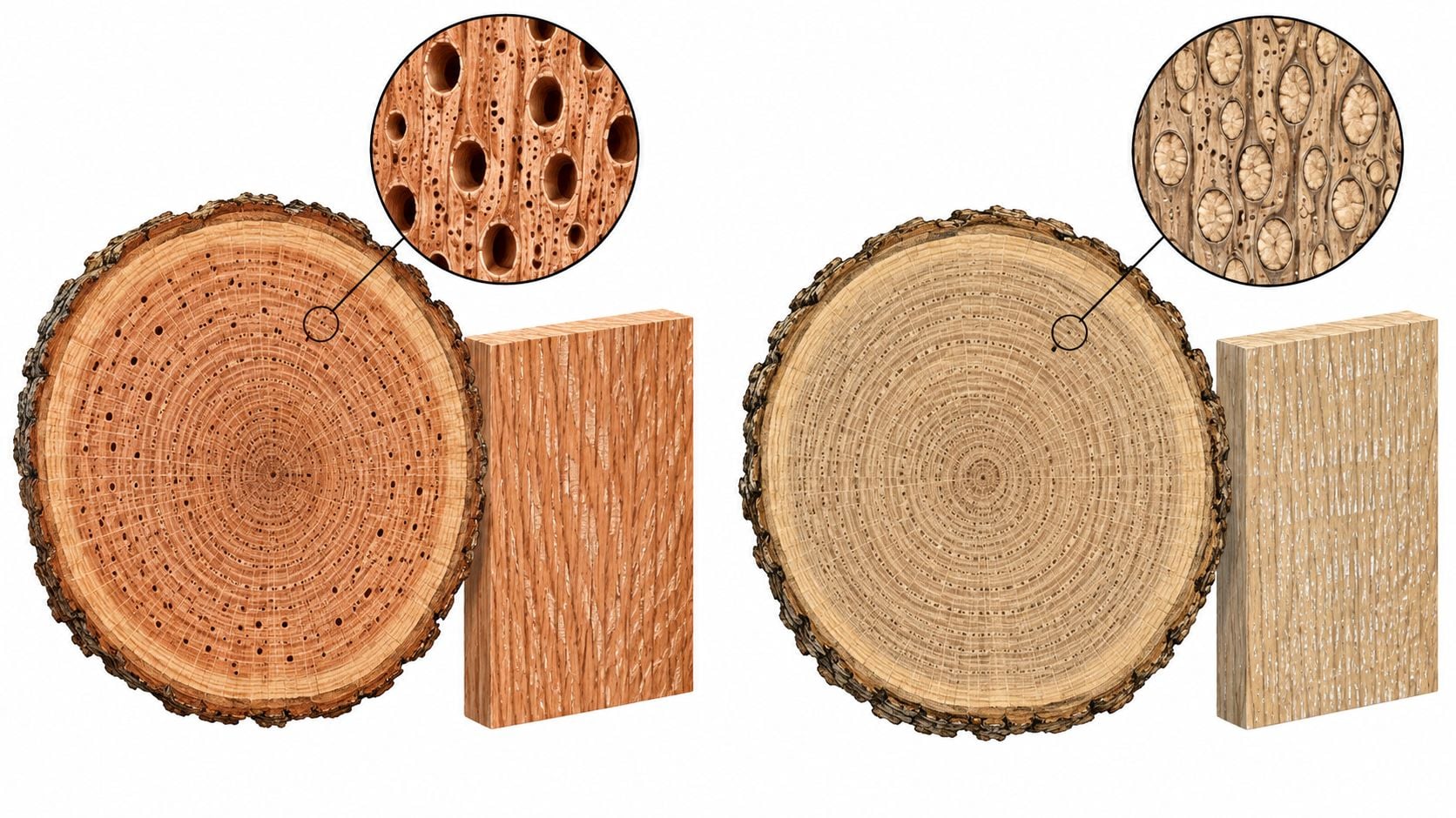 A comparison showing the cross-section and wood grain texture of red oak and white oak timber.