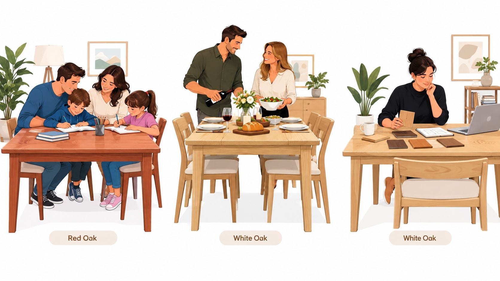 Three scenes illustrating families and individuals using red oak and white oak tables in dining and workspace settings.