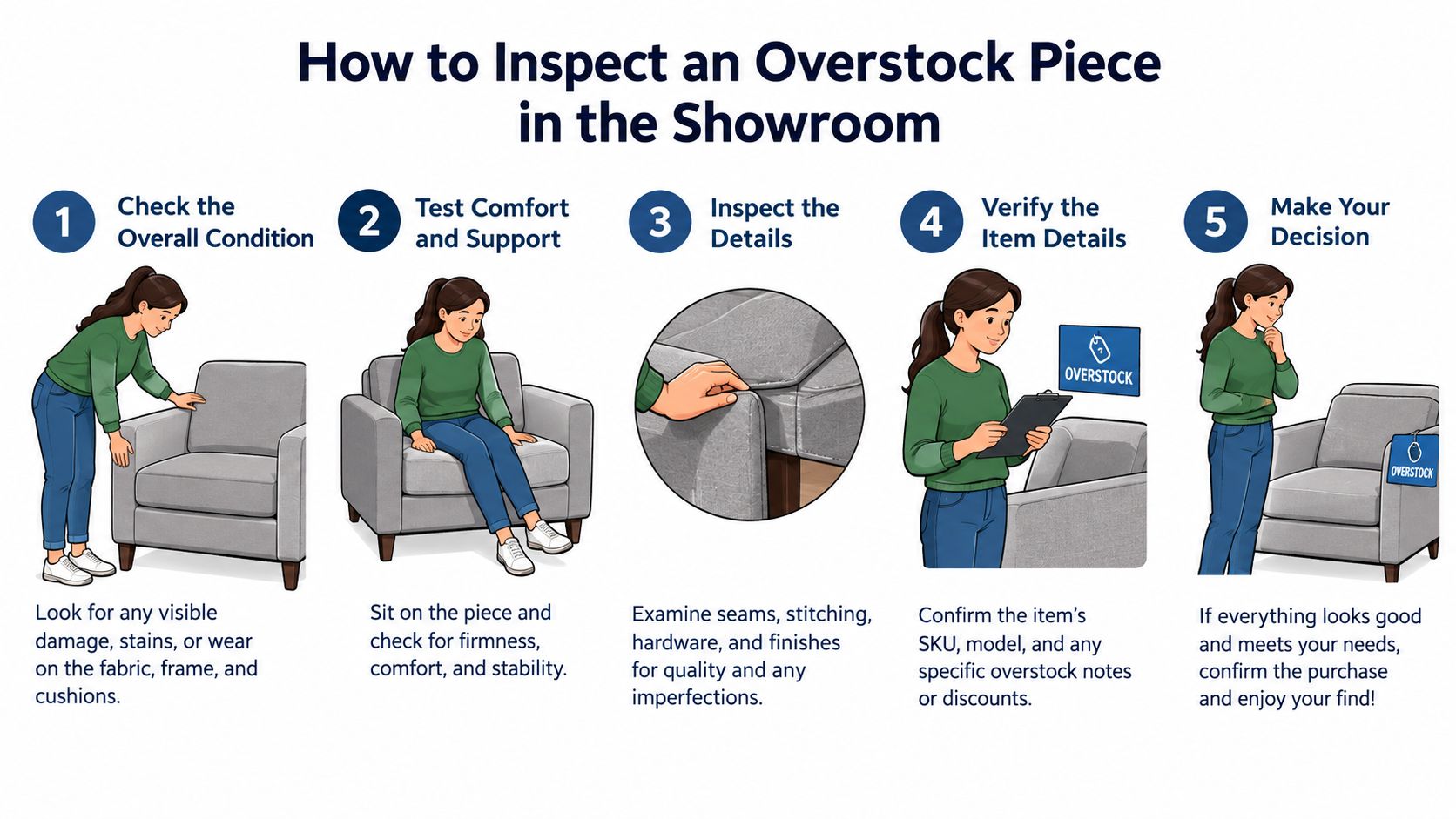 A five-step guide on how to inspect overstock furniture pieces in a showroom before purchasing.