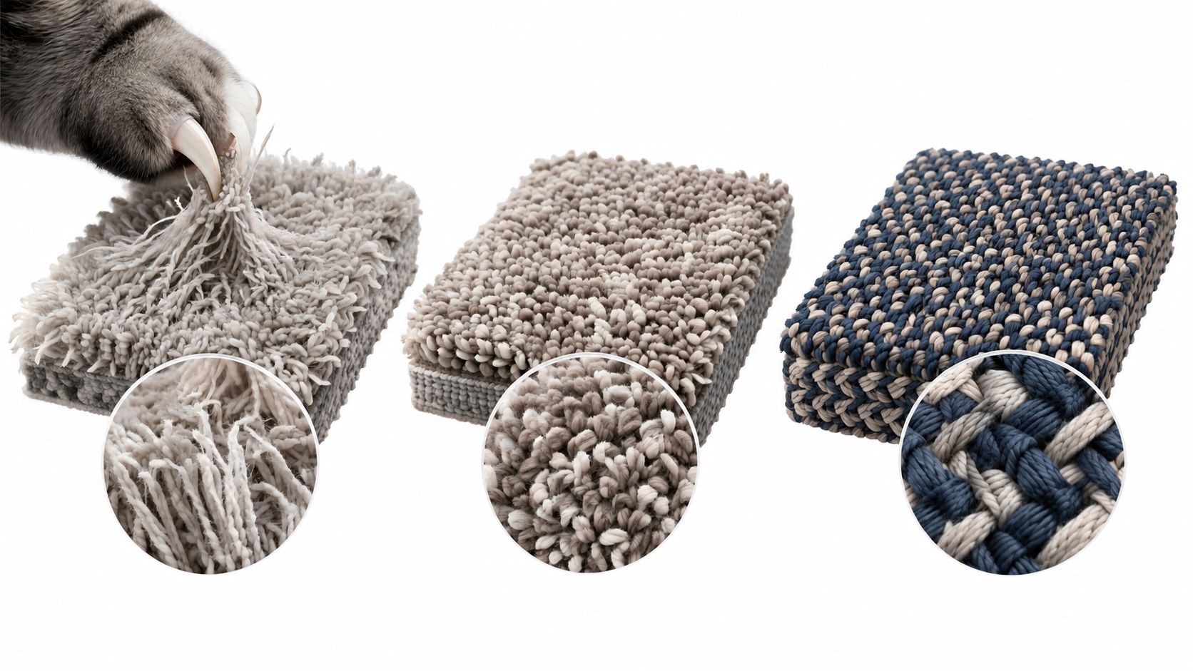 A comparison of three fabric types showing pet claws damaging shaggy carpet and durable woven upholstery material.