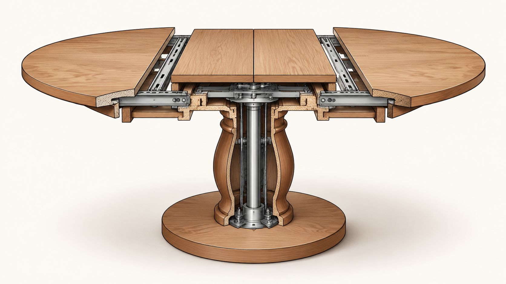 A cutaway illustration showing the complex internal sliding mechanism of an expandable round pedestal dining table.