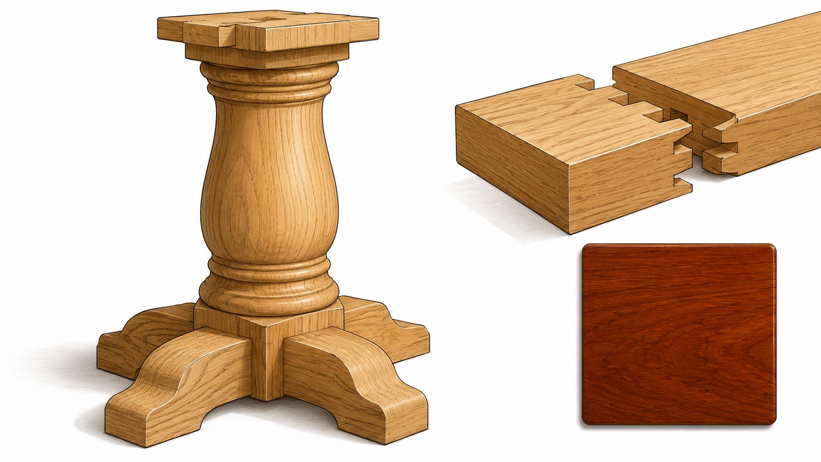 A wooden pedestal base for a table, a wooden joint component, and a wood color sample.