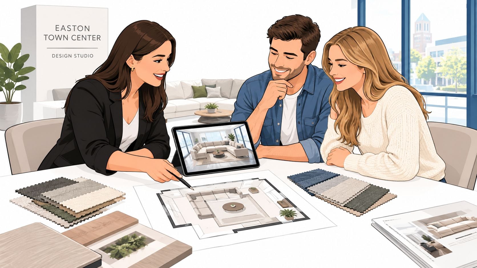 A professional interior designer reviews sectional sofa configurations with a couple in a modern design studio office.
