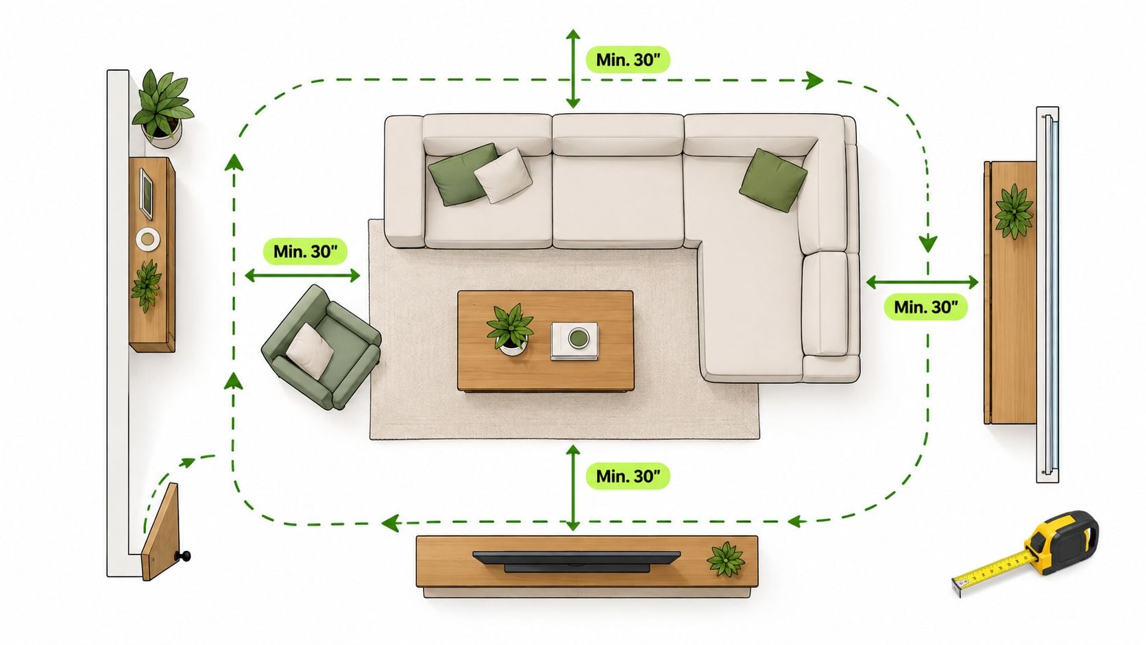 A top-down floor plan diagram illustrating minimum thirty-inch clearance spacing around a living room sectional sofa layout.