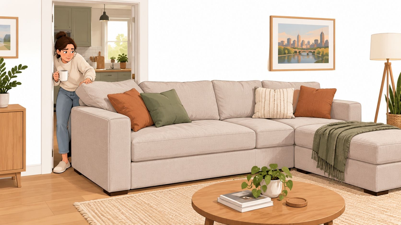 A woman holding a mug peeks around a doorway toward a modern sectional sofa in a living room.