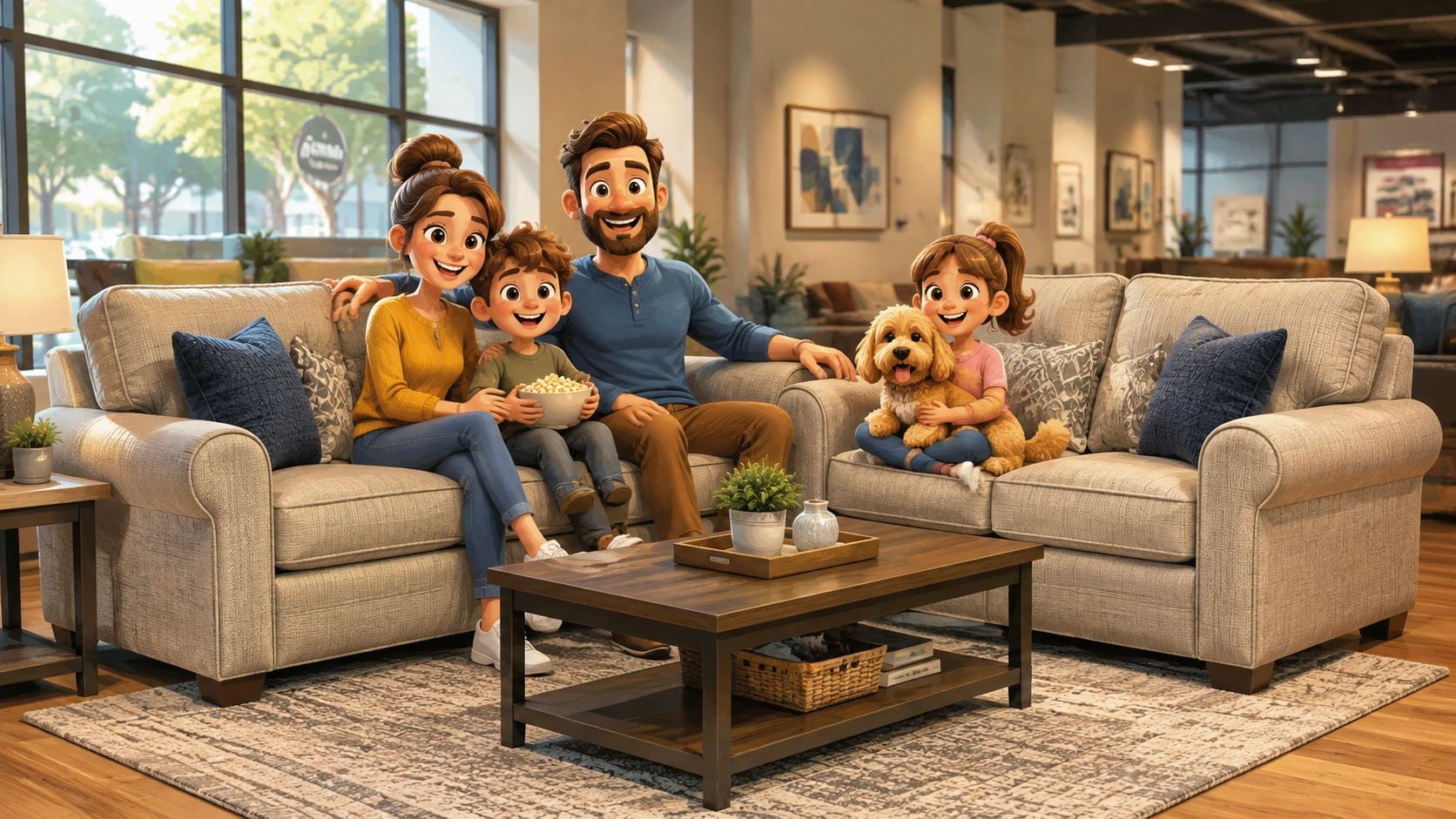 A happy animated family sitting together on a comfortable beige sofa set in a furniture store.