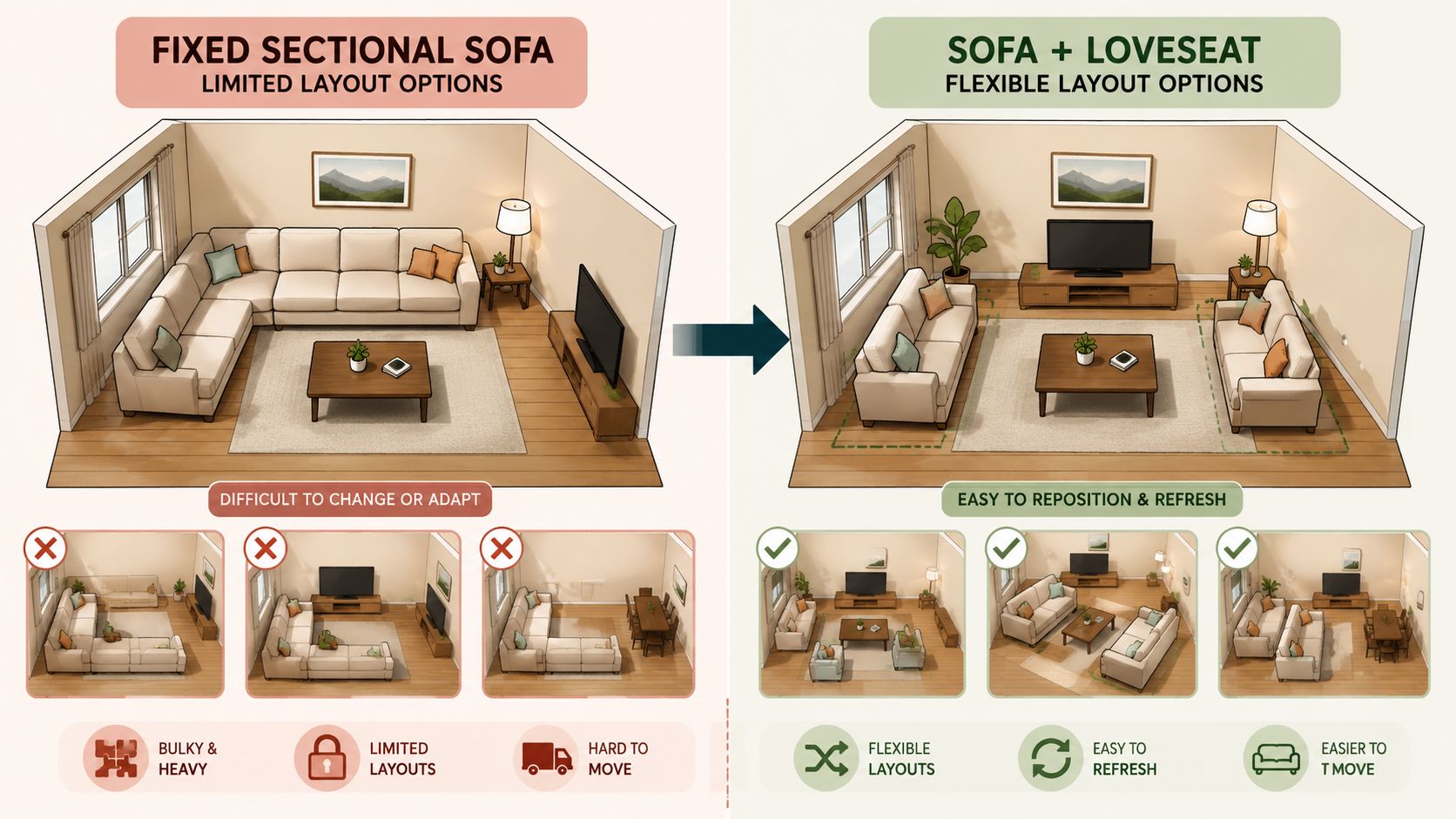 A comparative infographic showing the layout advantages of a sofa and loveseat over a fixed sectional sofa.
