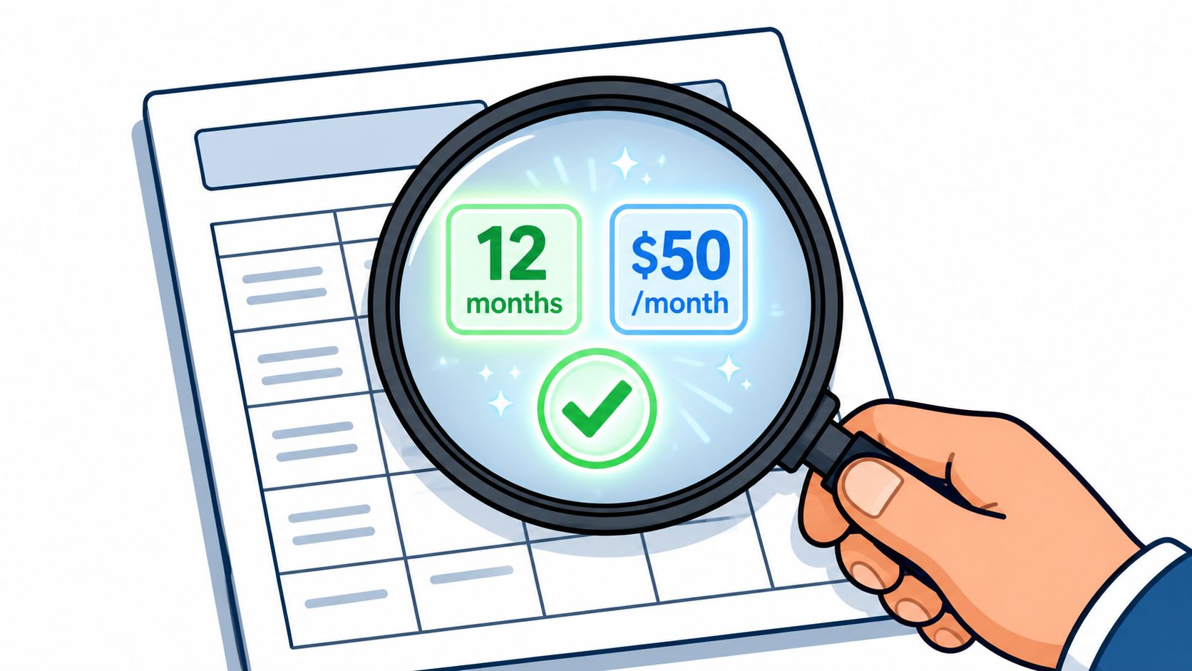 A magnifying glass focusing on a document showing a 12-month payment plan of 50 dollars per month.
