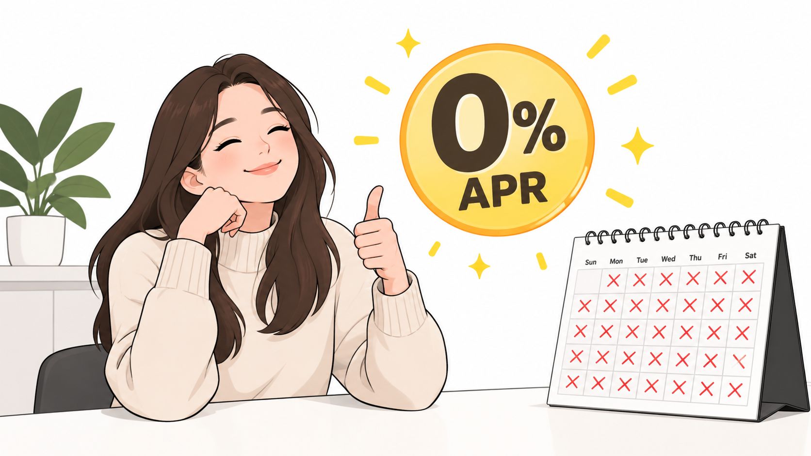A happy woman giving a thumbs up next to a 0% APR sign and a calendar.