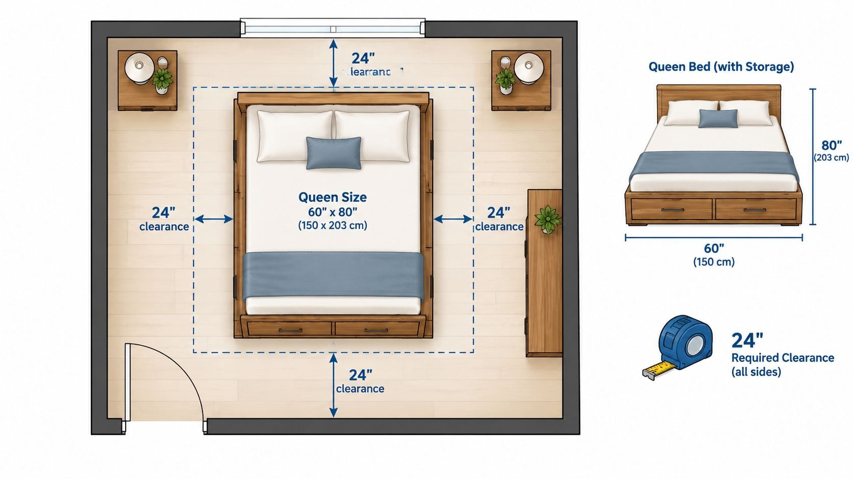 Top-down view of a bedroom layout showcasing a queen bed with storage and required clearance measurements.